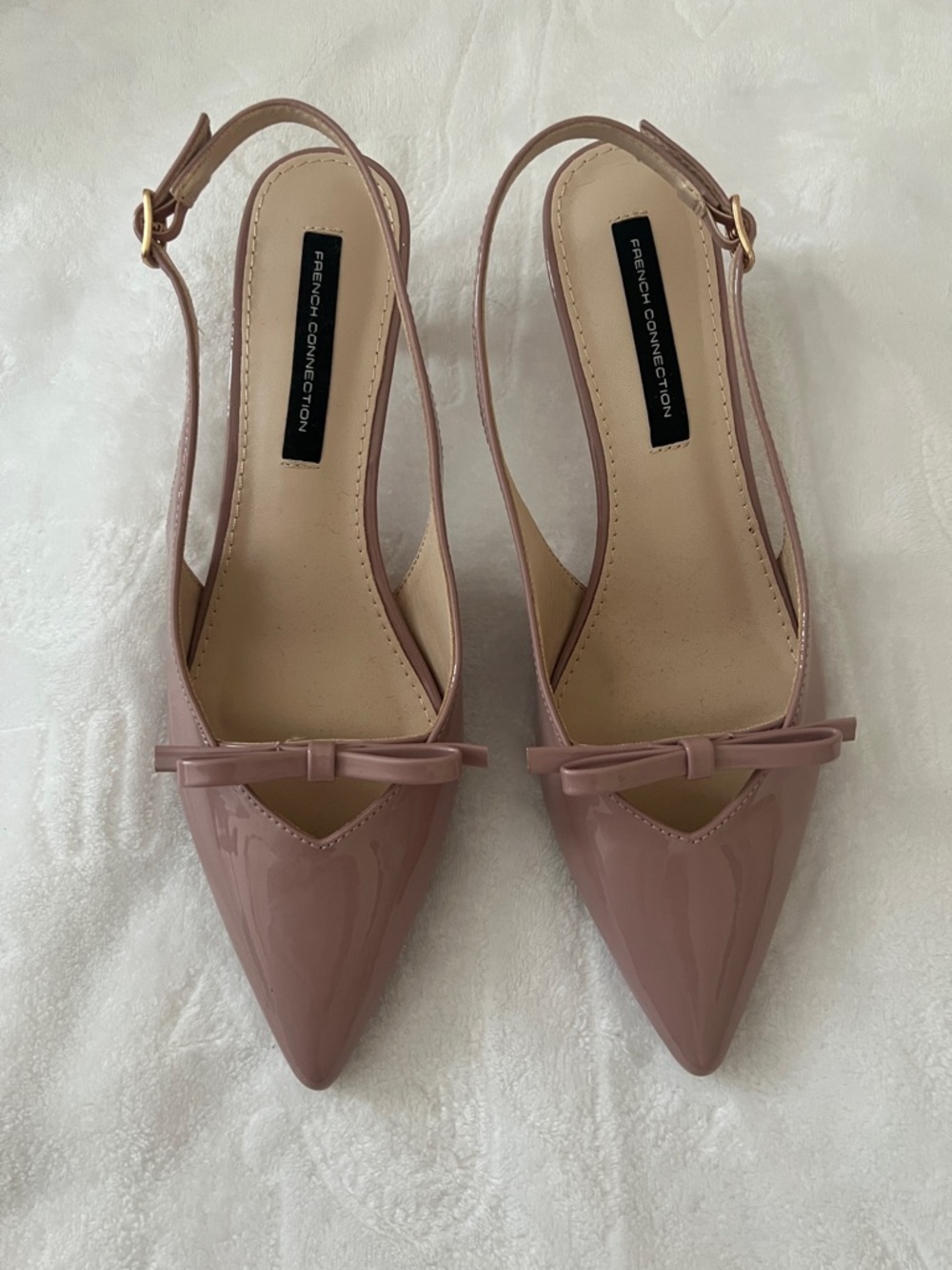 French Connection Patent Pointed Slingback Mules in Dusty Mauve